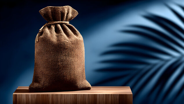 A brown burlap coffee bag on an empty wooden podium, dark blue background with palm leaf shadow, product mockup, photorealistic. generated ai