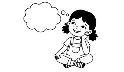 Happy Little Girl Daydreaming &thinking Cartoon Vector Character on White Background