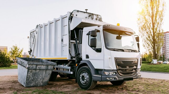 Modern municipal waste truck preparing to collect trash from a large skip, showing essential urban sanitation and recycling
