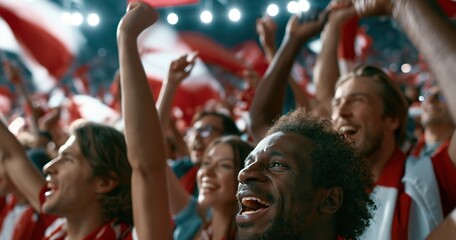 Fototapeta premium Football fan cheering in stadium with red team colors