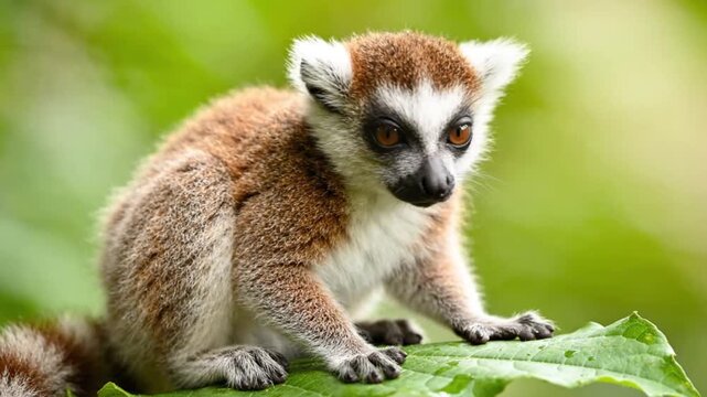 Ring tailed lemur on green leaf during soft daylight with blurred background