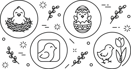 Fototapeta premium Cute Easter Chick Circle Badge Line Art Icon Set with Hatching Egg and Pussy Willow Vectors