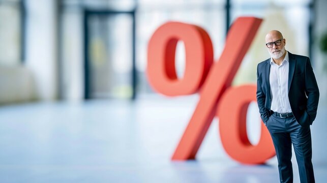 Entrepreneur presenting a significant percentage increase or decrease, symbolizing financial change, success, and economic trends