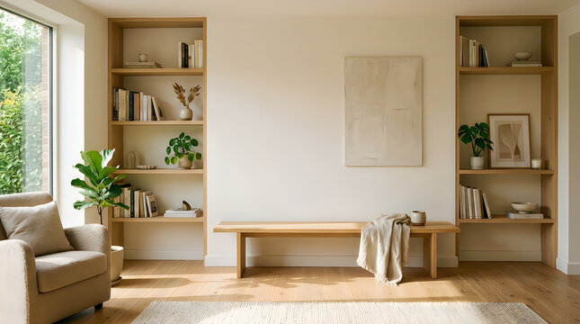 Modern living room interior with wooden bookshelves shelves plants and a bench in a sunny light apartment