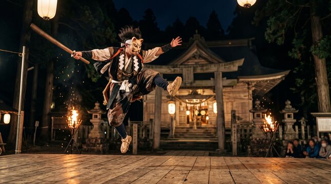 夜の神社で舞う狐面の演者と神楽の躍動