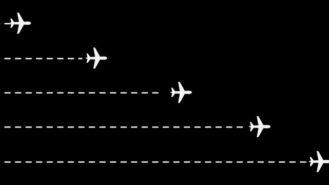 4K Airplane route path animation. The plane hovered on the dotted line. five plane Travel around the world