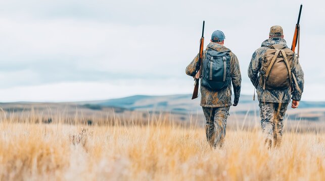 Two hunters trekking grassy field with rifles, exploring rugged outdoors and pursuing game