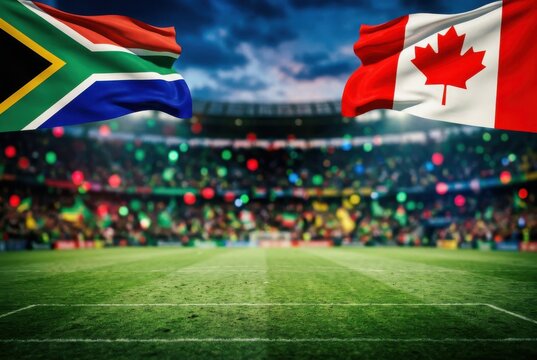 South Africa Canada Soccer Ball Flags Dark Stadium 3D Match
