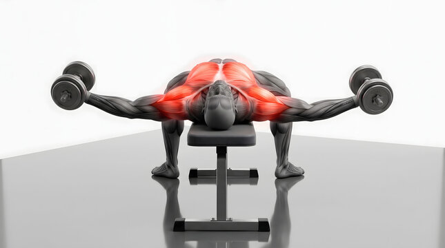 3D anatomical illustration of a male figure performing dumbbell chest flyes on a flat bench, highlighting the pectoralis major muscles in red