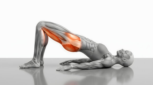 Anatomical 3D model of a female figure performing a glute bridge exercise, highlighting the activated gluteus maximus and hamstring muscles