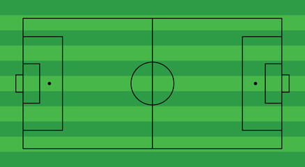 Professional soccer field template with striped green football pitch and detailed top view markings. Clean sports court illustration for coaching, tactics, training, presentations, match analysis,  © Parul