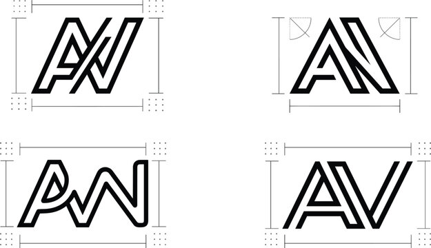 AV AN AW Letter Monogram Initial Logo Construction Blueprint Grid Corporate Branding Vector