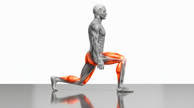 Anatomical 3D illustration of a male figure performing a lunge exercise, highlighting the active leg muscles in orange on a white background