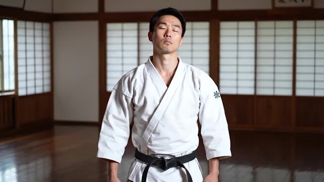 A karate master stretches his neck in a traditional dojo