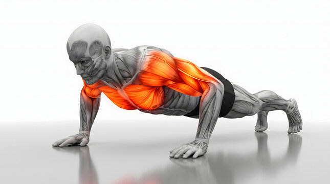 Anatomical male figure in push-up position with highlighted active muscles including pectoralis major and deltoids for fitness training guide