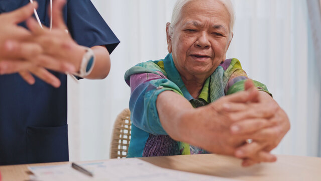Asian nurse consulting with elderly woman at home using laptop, representing healthcare, senior care, telemedicine, wellness, and medical support.