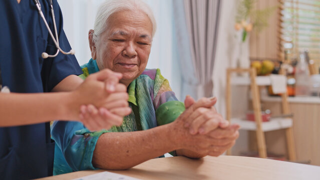 Asian nurse consulting with elderly woman at home using laptop, representing healthcare, senior care, telemedicine, wellness, and medical support.