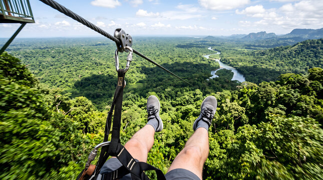 First-person perspective of a person ziplining over a lush green tropical rainforest canopy with a winding river and distant mountains