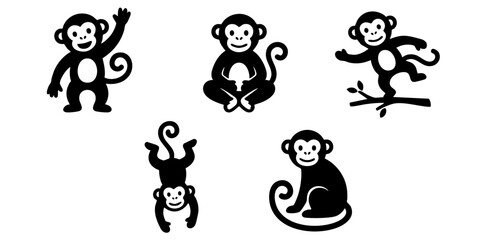Obraz premium Five monkeys are playing on a tree branch and sitting on the ground
