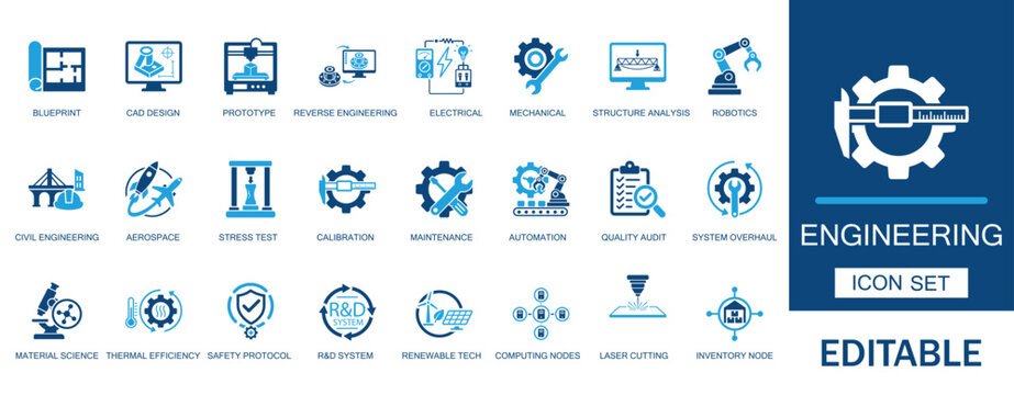Engineering icon set. Featuring mechanical blueprint, cad design, tech prototype, industrial automation, robotics, electrical circuit, and safety protocol symbols.