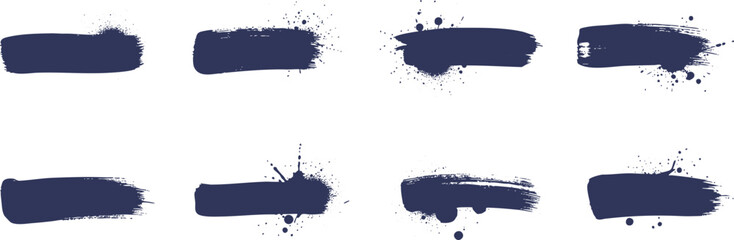 Obraz premium Grunge brush strokes set with paint splatter and splashes. Dark navy blue hand drawn ink smears and stains on white background. Vector collection of textured banner elements