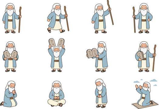 Moses standing holding staff walking praying reading tablets sitting on ground outdoors