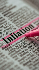 Fototapeta premium Inflation Highlighted in Dictionary: The word Inflation is prominently highlighted with a pink marker on a dictionary page, illustrating a key economic concept.