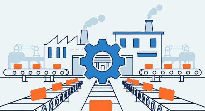 Sketchy hand-drawn graphic illustration of an industrial factory build