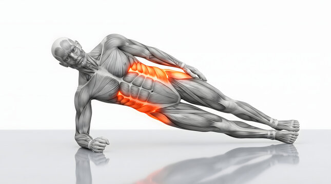 Anatomical 3D illustration of a male figure performing a side plank exercise, highlighting the engaged abdominal oblique and core muscles