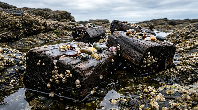 Weathered wood blocks covered in barnacles and shells on rocky beach