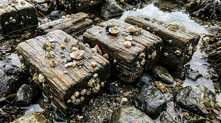 Fototapeta premium Weathered wood blocks with barnacles and shells on rocky shoreline