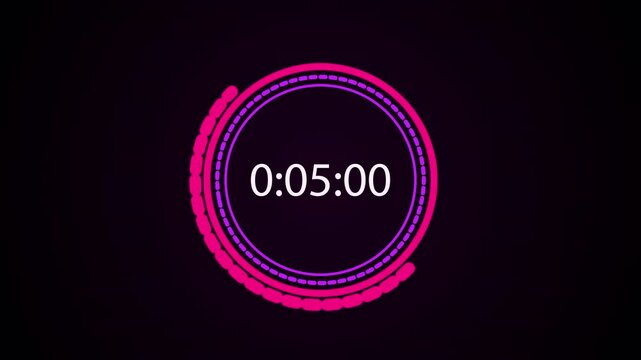 10 second countdown timer sequence with white number text glowing from 10 to 0 with magenta and purple circle elements. Circle countdown timer 10 sec on black background 4K UHD