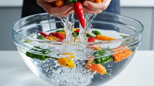 Hands washing colorful chili peppers in a glass bowl