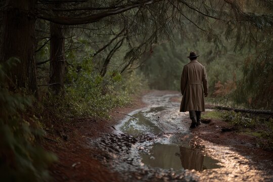Investigator tracks clues on a dim woodland path, footprints in mud