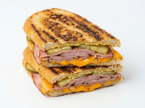 Grilled ham and cheese sandwich with pickles isolated on white background