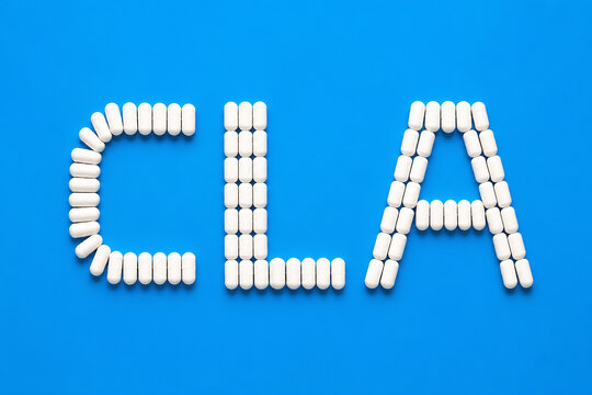 White pills are arranged to spell the letters CLA against a bright blue background.