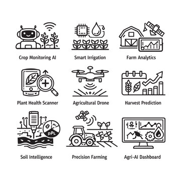 Modern agricultural technology icons representing smart farming and precision agriculture solutions