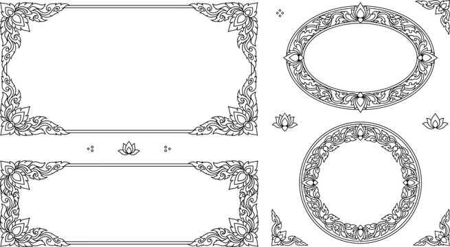Traditional Thai Ornament Frame Set with Elegant Floral Borders and Vintage Corner Vectors