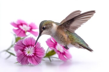 Fototapeta premium Macro image of a hummingbird hovering near pink dianthus blossoms in a pristine studio setting