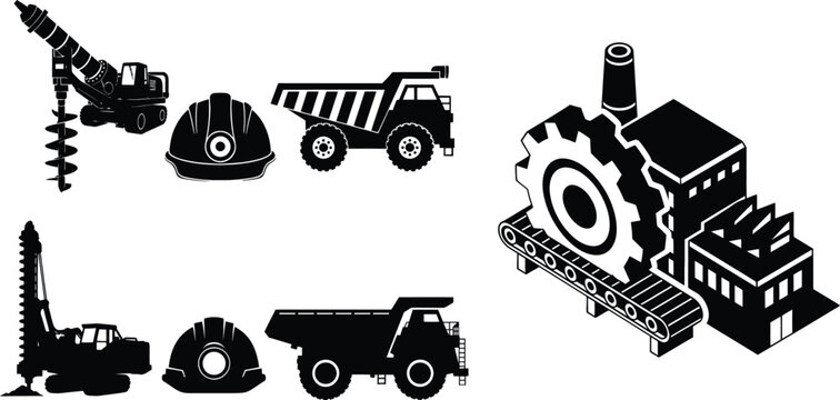 Heavy Industry & Mining Icons: Drill Rig, Dump Truck, Hard Hat, Factory Solid Vector Bundle