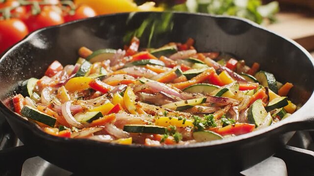 Fresh colorful vegetables saut�ing in a hot cast iron skillet