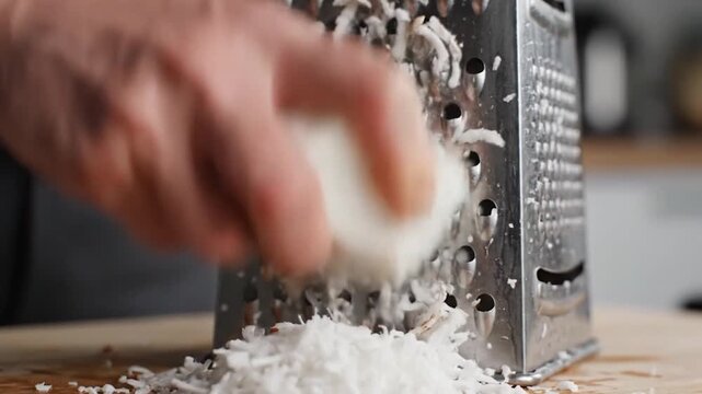 A hand grates a block of white cheese on a metal grater