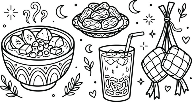 Ramadan Iftar Food Line Art Set with Kolak Dates Ketupat and Es Blewah Vector