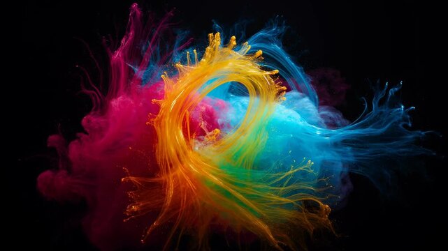 Abstract smoke colours, vivid magenta orange cyan and blue swirl motion on black background, colorful abstract smoke colours forming soft swirl pattern for SEO friendly search result