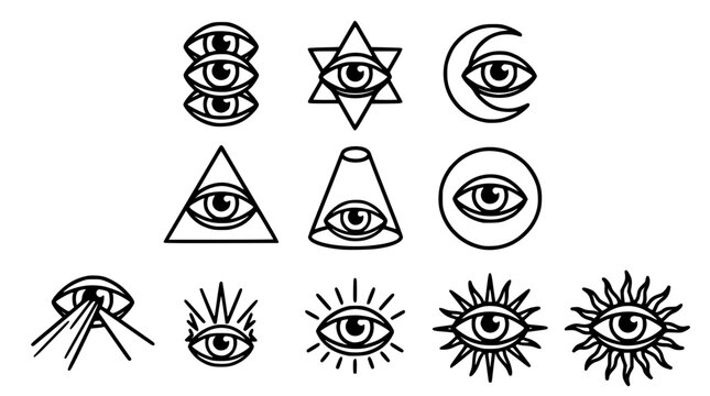 Various vector illustrations of eyes in different shapes and symbols