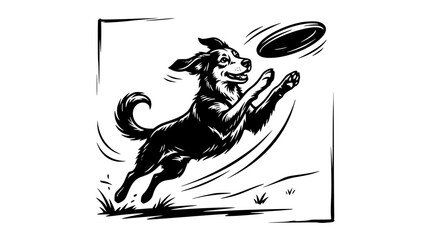 Obraz premium Black and white vector illustration of dog catching frisbee mid air