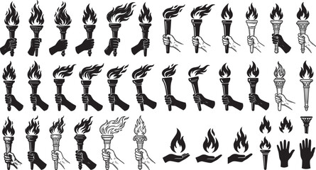 Obraz premium Hand holding burning torch vector icon set with black silhouette flames for sports freedom achievement and retro logo design