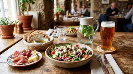 Fototapeta premium Delicious food and drink on wooden table.