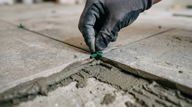 Worker installing ceramic floor tiles with spacers and mortar