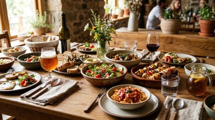 Fototapeta premium Delicious food on wooden dining table.